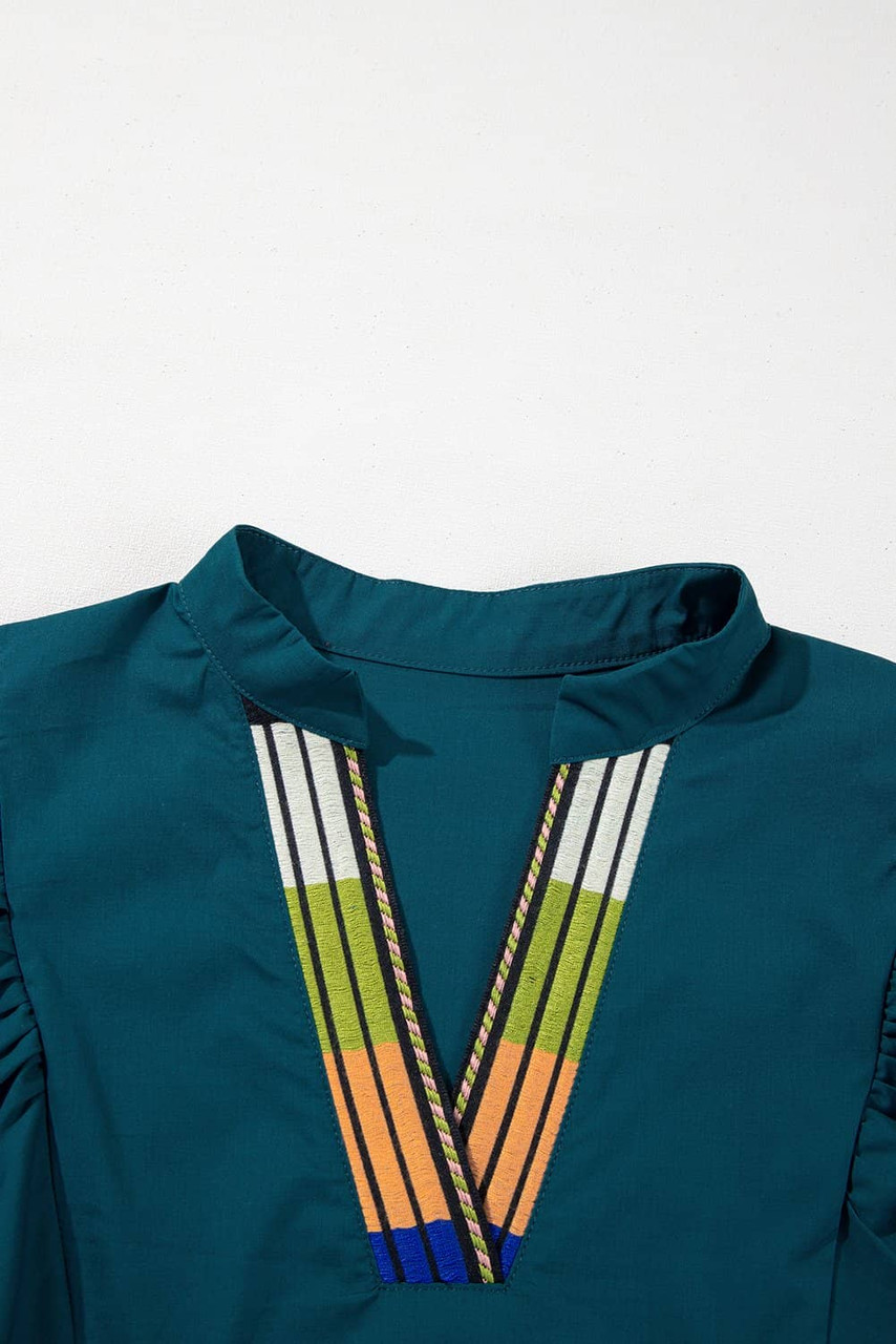 Blue Sapphire Colorblock Split V Neck Puff Sleeve Mini Dress