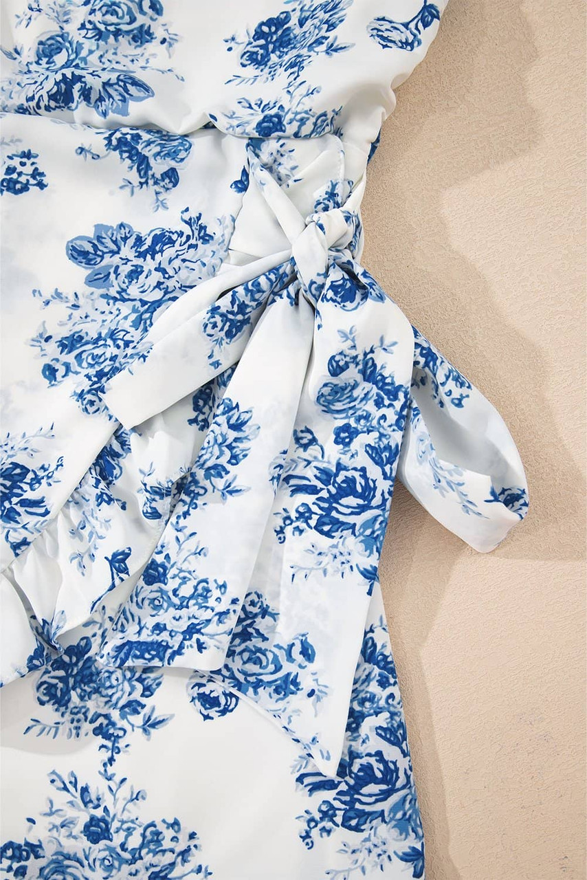 Sky Blue Floral Print Strapless Zipped Back Knot Waist Ruffled Romper