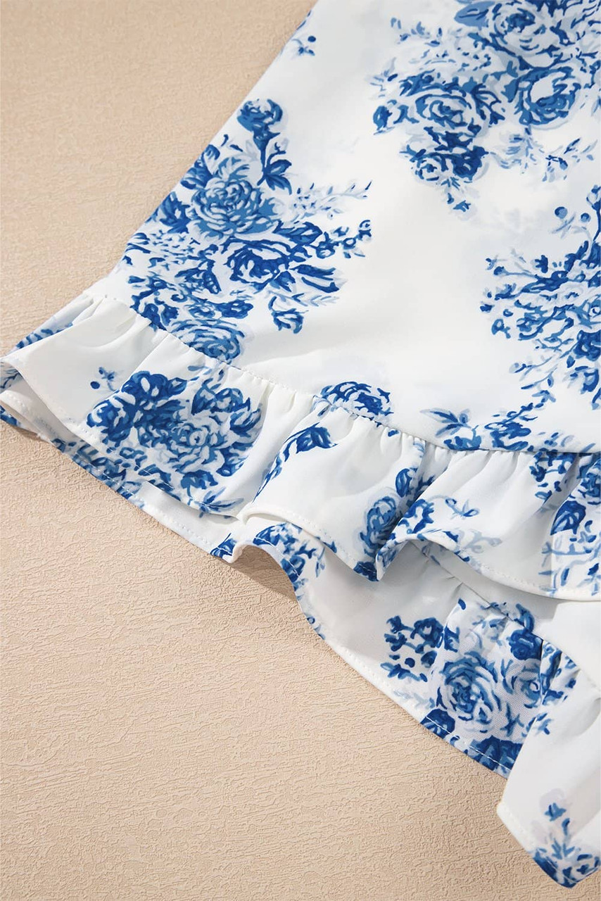 Sky Blue Floral Print Strapless Zipped Back Knot Waist Ruffled Romper