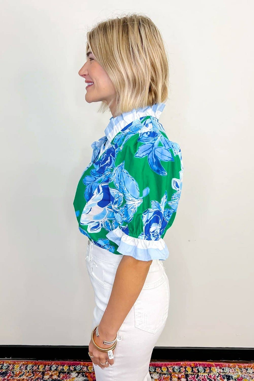 Bright Green Floral Frilled V Neck Short Sleeve Blouse Top