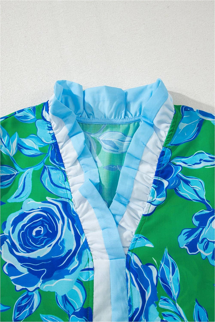 Bright Green Floral Frilled V Neck Short Sleeve Blouse Top
