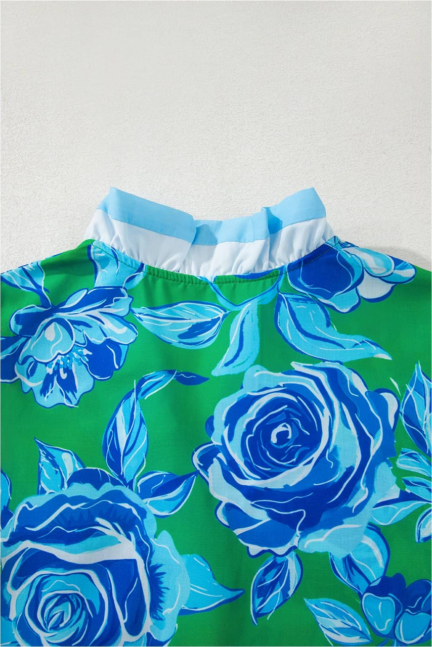 Bright Green Floral Frilled V Neck Short Sleeve Blouse Top