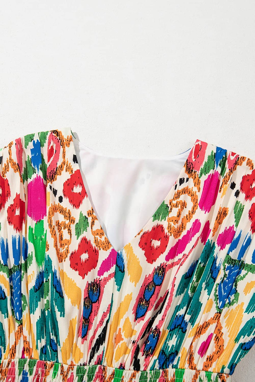 Sky Blue Abstract Print V Neck Dolman Sleeve Ruffle Tiered Mini Dress