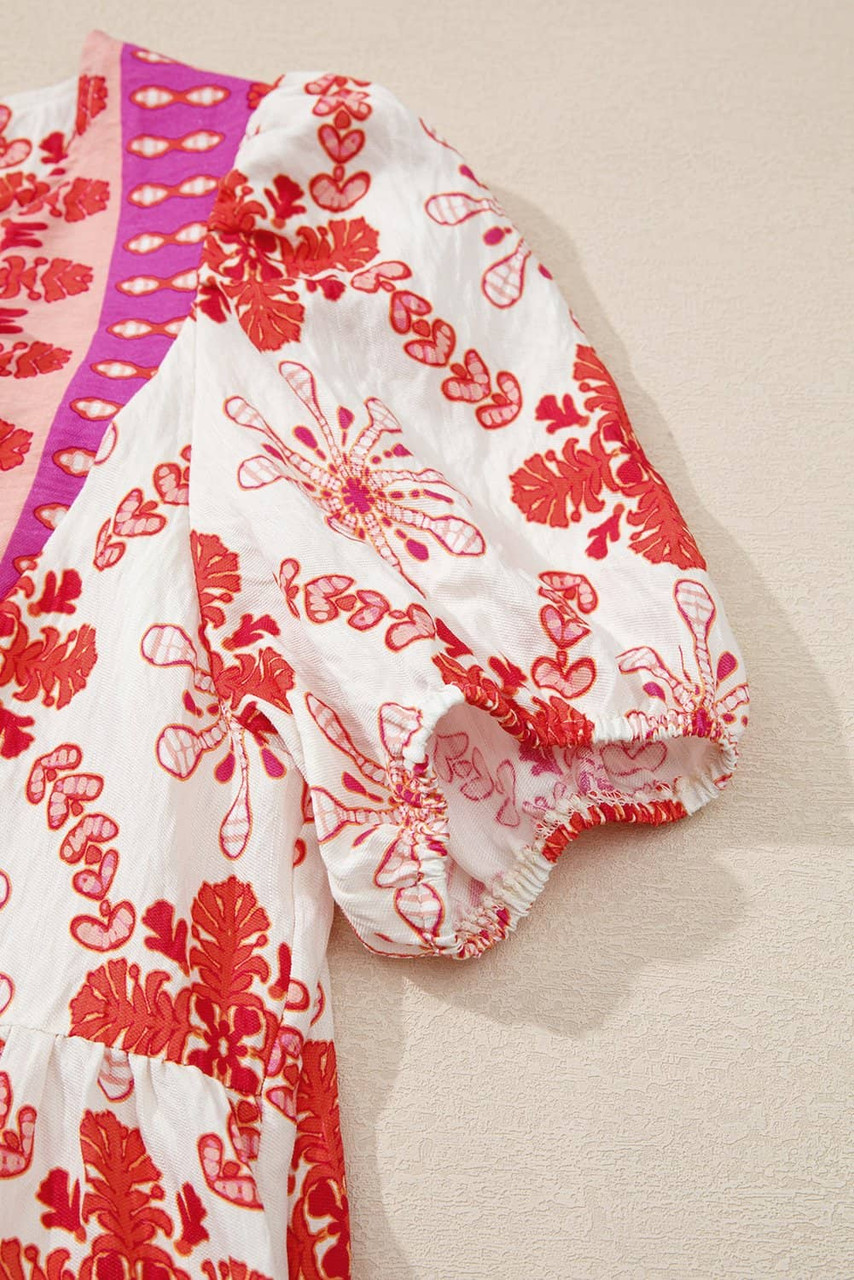 Rose Boho Floral Short Sleeve Lace-up V Neck Mini Dress