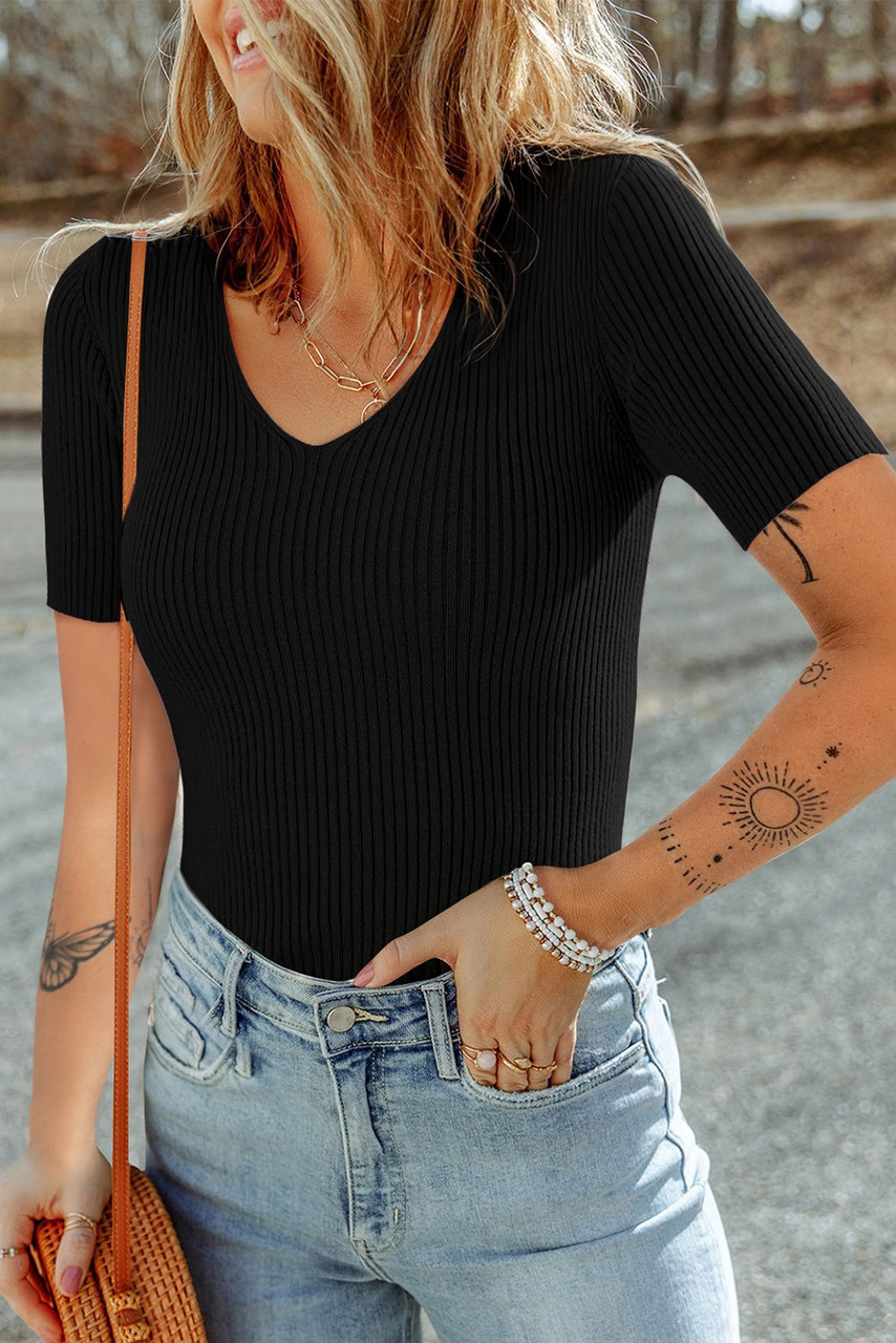 Black V Neck Ribbed Knit Lightweight Short Sleeve Sweater