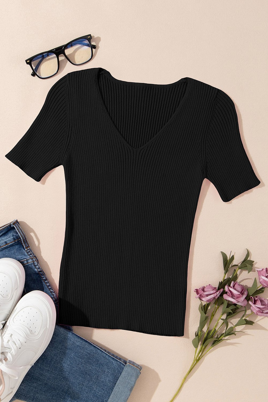 Black V Neck Ribbed Knit Lightweight Short Sleeve Sweater