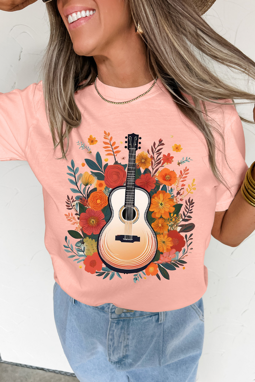 Pink Guitar Flower Print Crew Neck Loose T Shirt