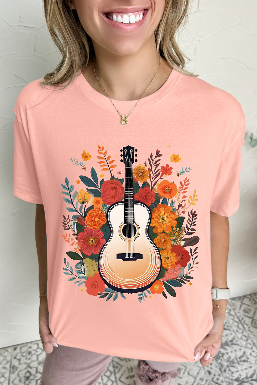 Pink Guitar Flower Print Crew Neck Loose T Shirt