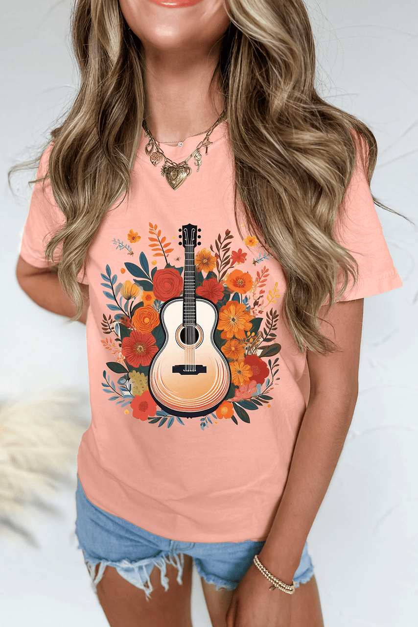 Pink Guitar Flower Print Crew Neck Loose T Shirt
