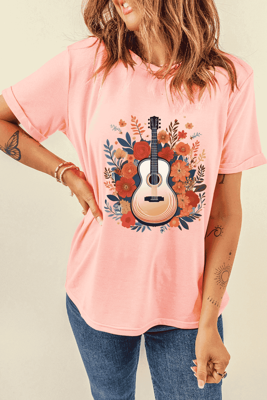 Pink Guitar Flower Print Crew Neck Loose T Shirt