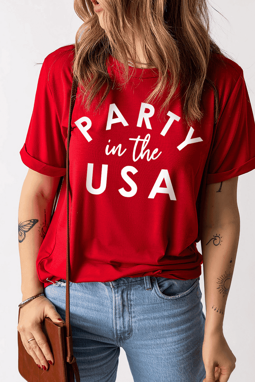 Red PARTY in the USA Printed Independence Day T Shirt