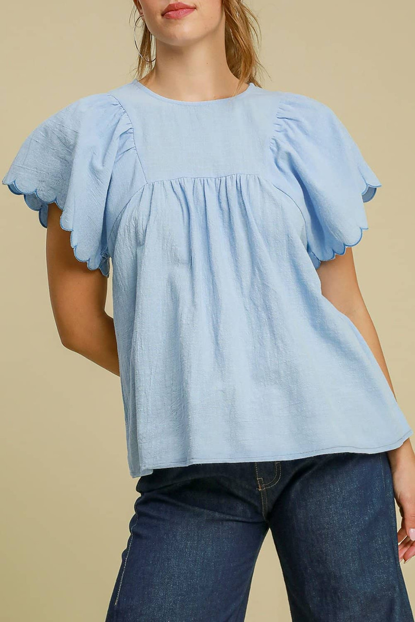 Beau Blue Solid Color Embroidered Scalloped Sleeves Crew Neck Blouse