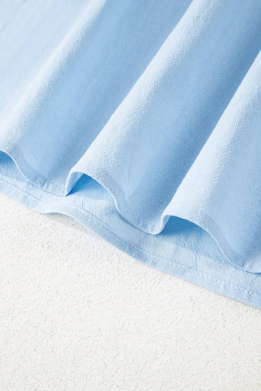 Beau Blue Solid Color Embroidered Scalloped Sleeves Crew Neck Blouse