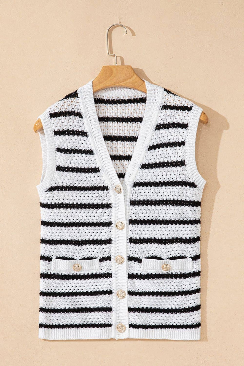 Black Stripe V Neck Gold Buttons Elegant Sweater Vest