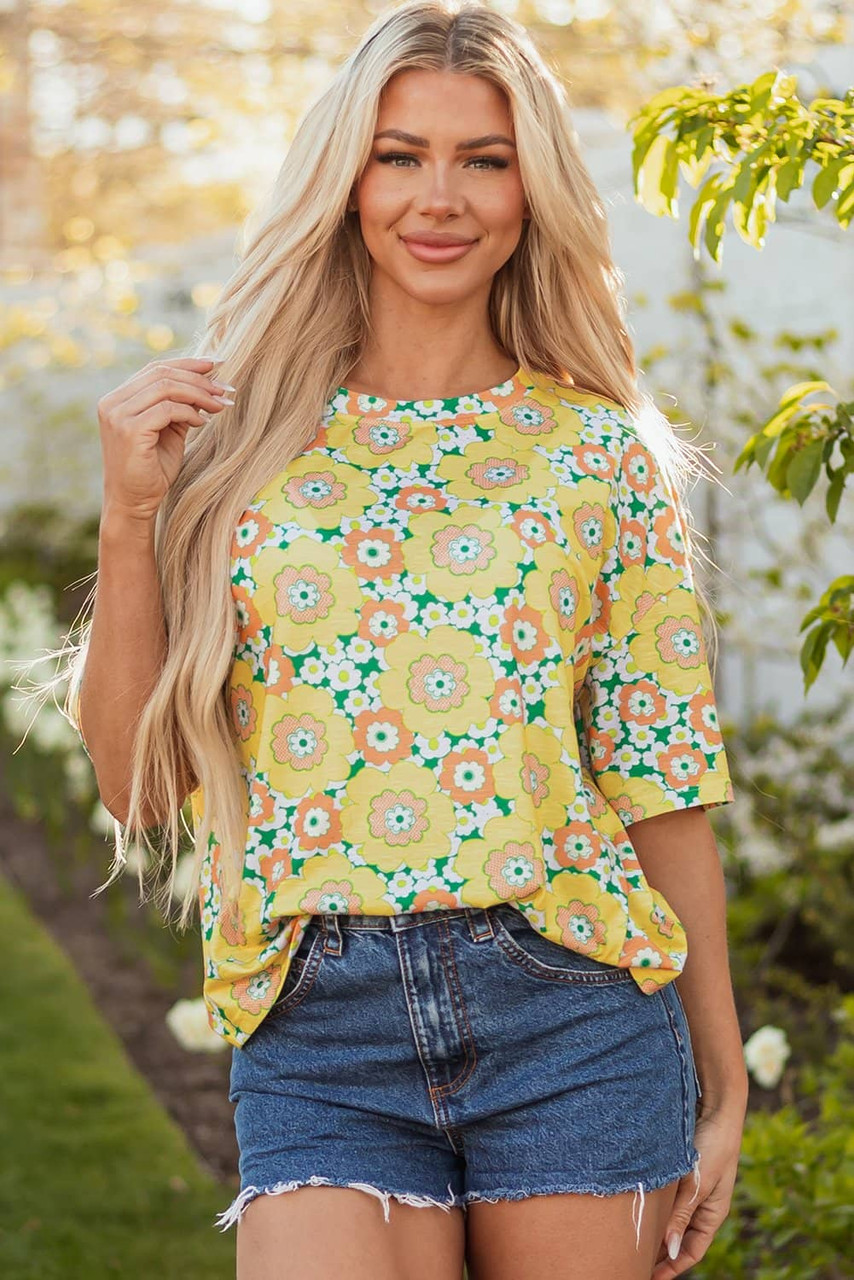 Yellow Summer Flower Printed Drop Shoulder Loose T Shirt Yellow Summer Flower Printed Drop Shoulder Loose T Shirt