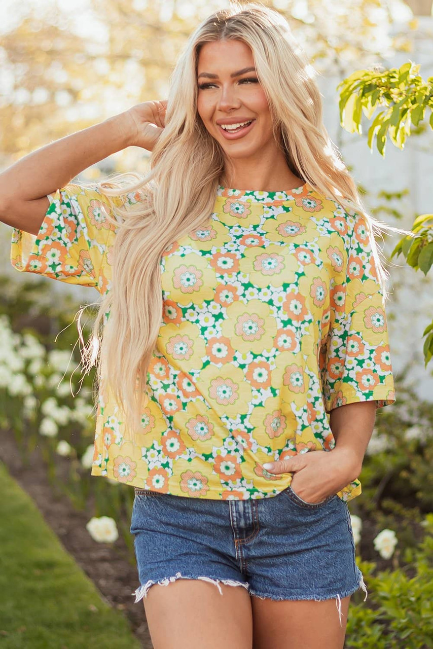 Yellow Summer Flower Printed Drop Shoulder Loose T Shirt Yellow Summer Flower Printed Drop Shoulder Loose T Shirt