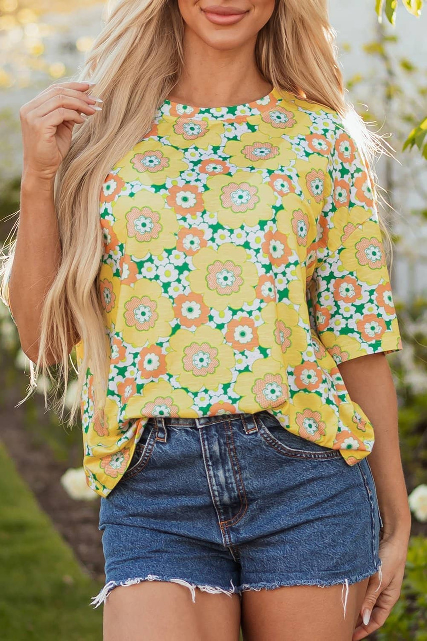 Yellow Summer Flower Printed Drop Shoulder Loose T Shirt Yellow Summer Flower Printed Drop Shoulder Loose T Shirt