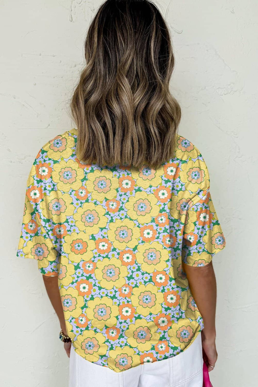 Yellow Summer Flower Printed Drop Shoulder Loose T Shirt Yellow Summer Flower Printed Drop Shoulder Loose T Shirt