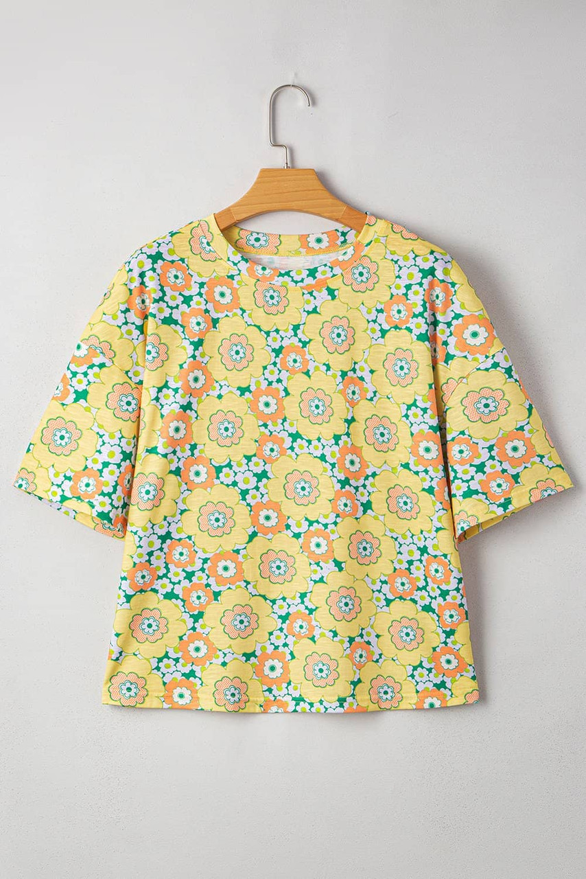 Yellow Summer Flower Printed Drop Shoulder Loose T Shirt Yellow Summer Flower Printed Drop Shoulder Loose T Shirt