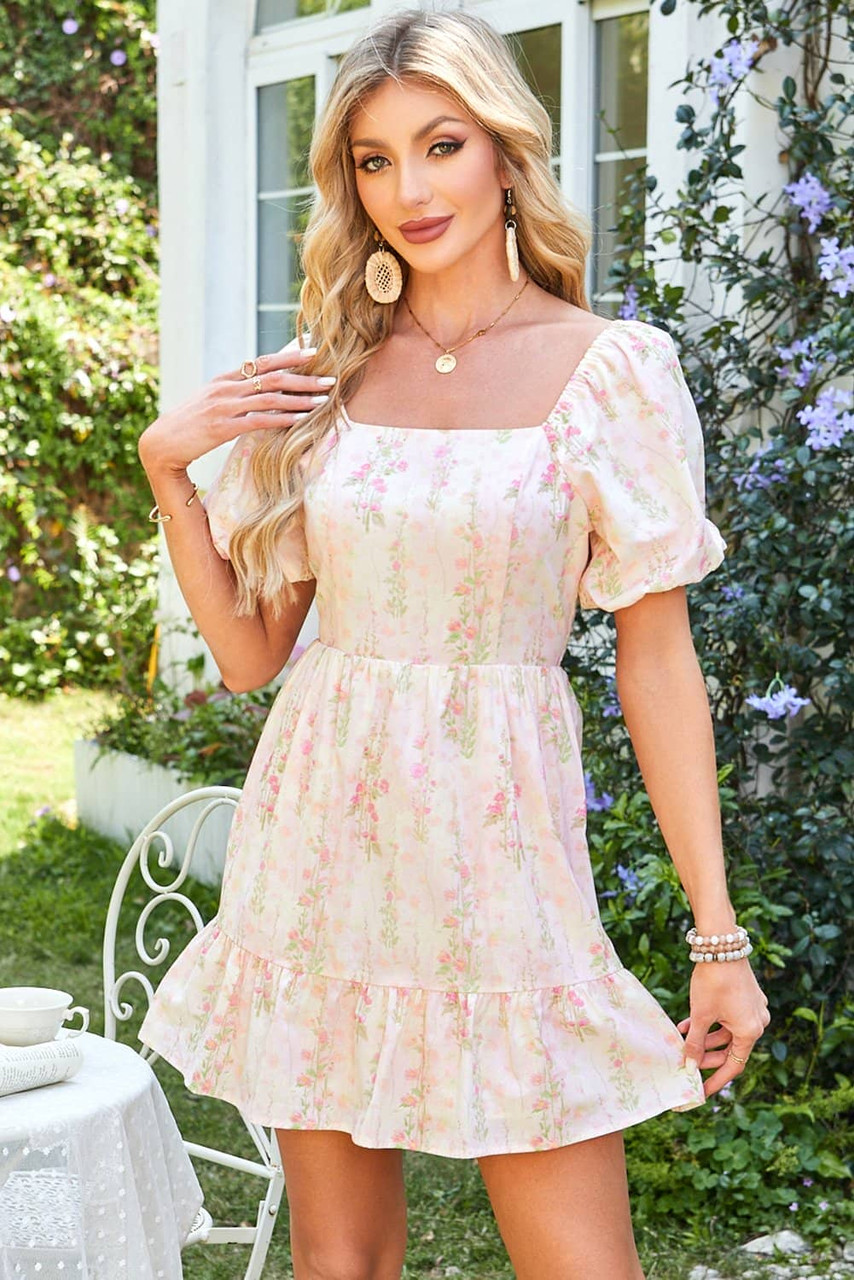 Pink Floral Puff Sleeve Square Neck Knotted Open Back Ruffled Mini Dress