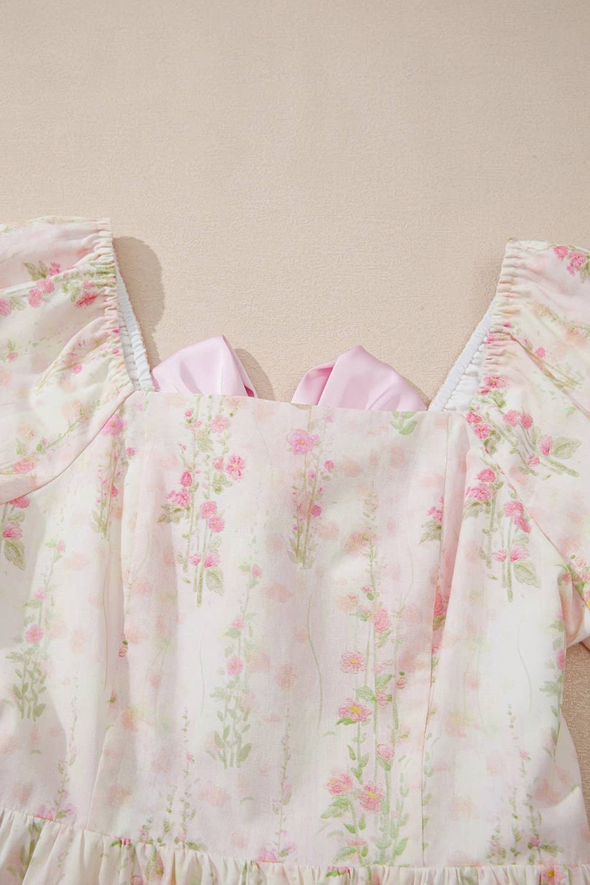 Pink Floral Puff Sleeve Square Neck Knotted Open Back Ruffled Mini Dress