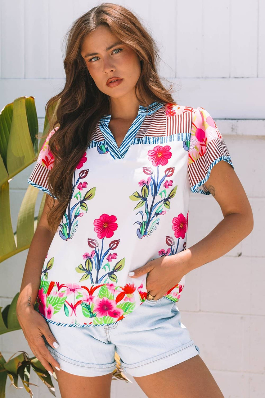 Pink Floral Striped Patchwork Short Sleeve Split Neck Blouse Pink Floral Striped Patchwork Short Sleeve Split Neck Blouse