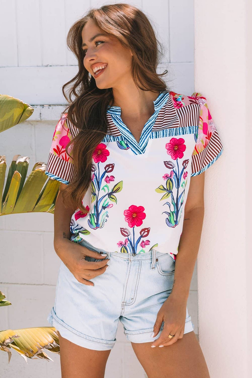 Pink Floral Striped Patchwork Short Sleeve Split Neck Blouse Pink Floral Striped Patchwork Short Sleeve Split Neck Blouse