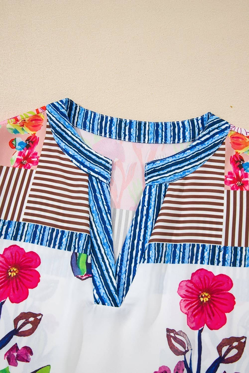 Pink Floral Striped Patchwork Short Sleeve Split Neck Blouse Pink Floral Striped Patchwork Short Sleeve Split Neck Blouse