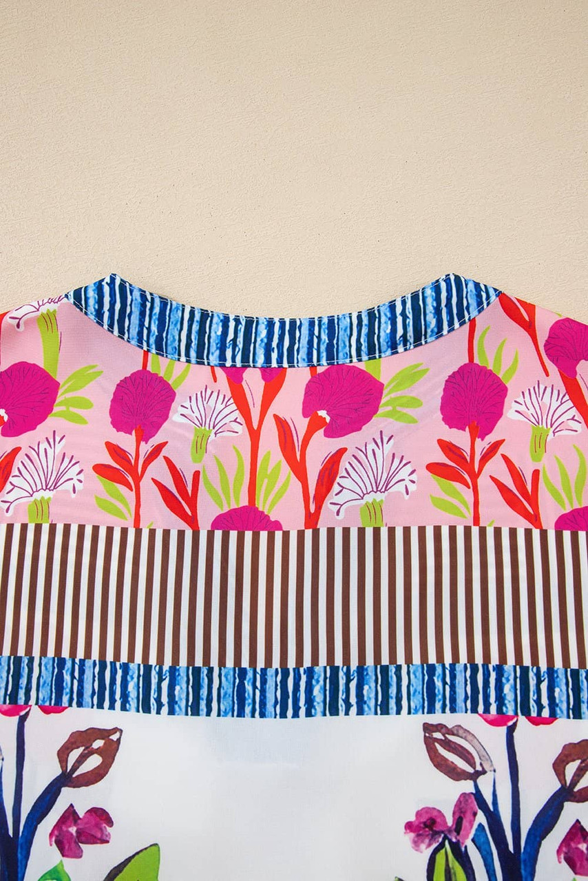 Pink Floral Striped Patchwork Short Sleeve Split Neck Blouse Pink Floral Striped Patchwork Short Sleeve Split Neck Blouse