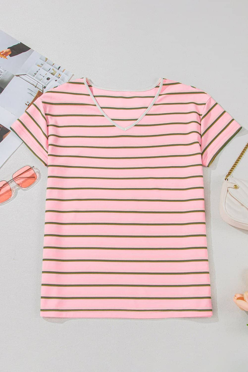 Pink Stripe V Neck Slim Fit Casual T Shirt