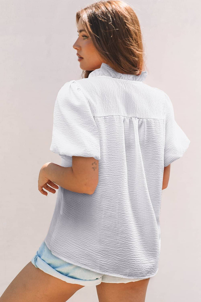 White Striped Ruffle Short Bubble Sleeve Shirt
