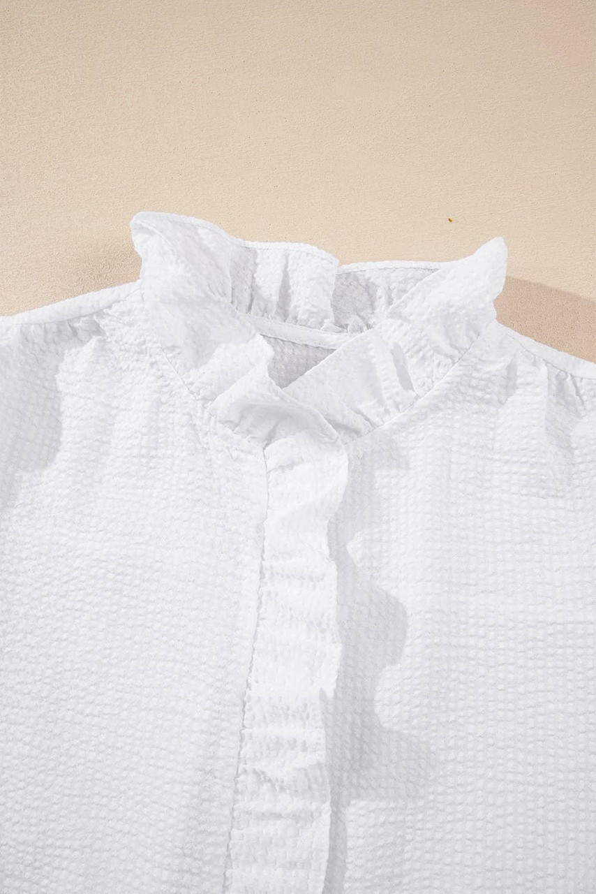 White Striped Ruffle Short Bubble Sleeve Shirt