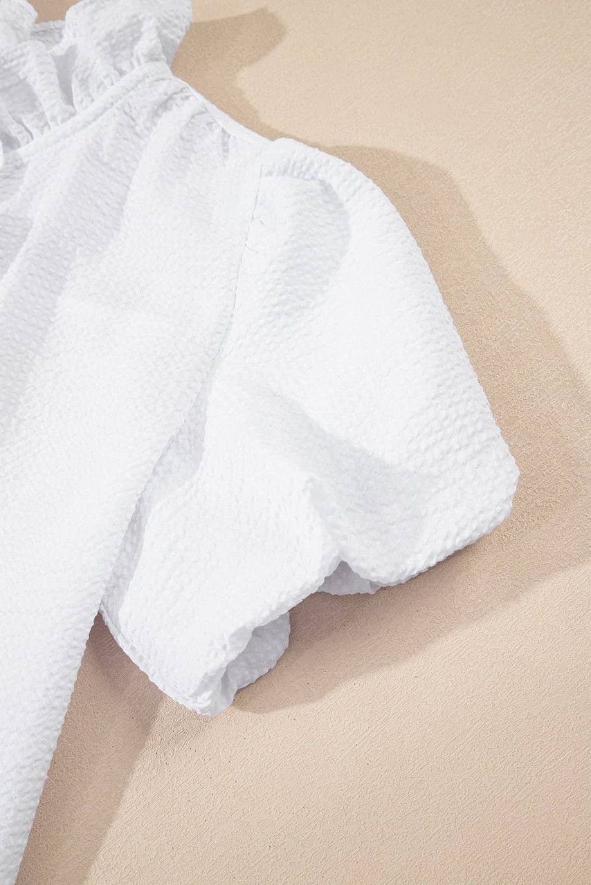 White Striped Ruffle Short Bubble Sleeve Shirt