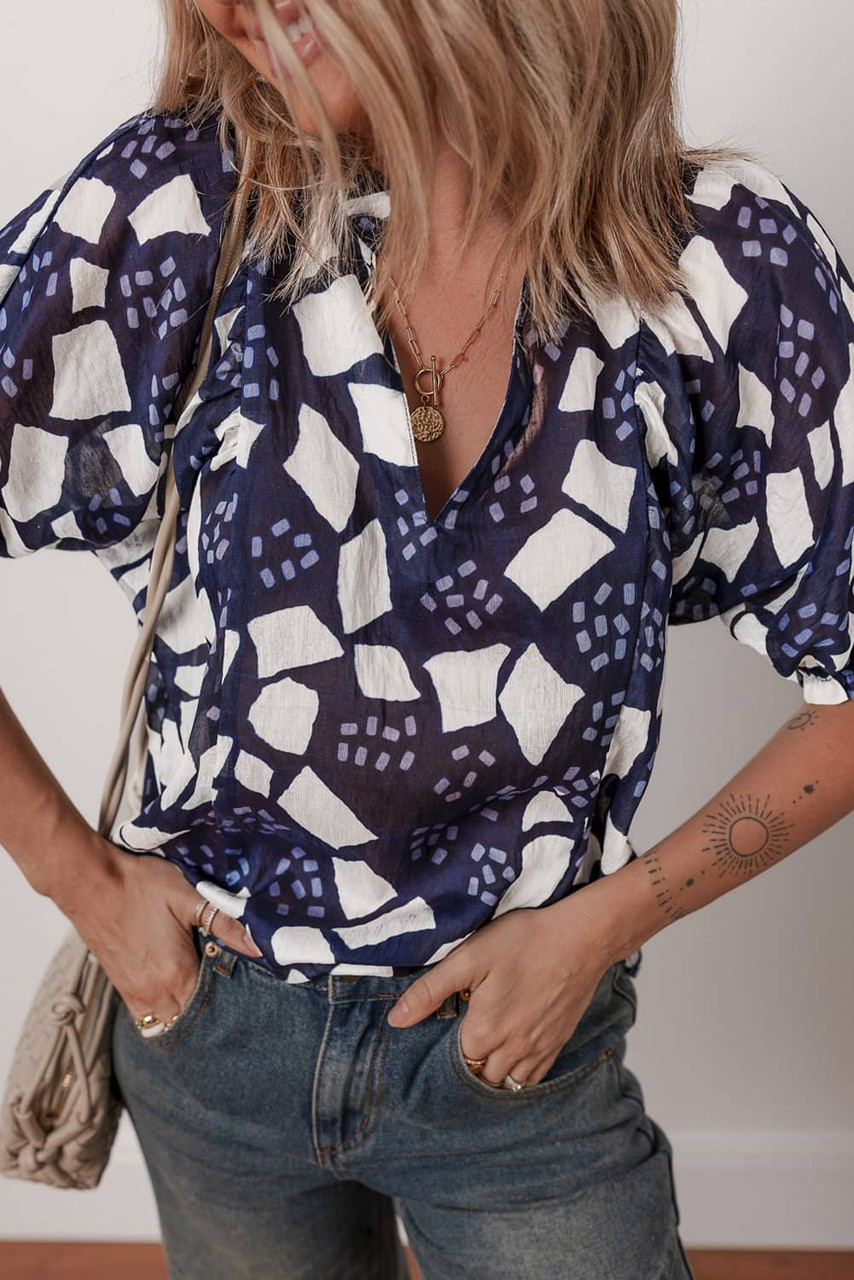Blue Abstract Print Frilled Puff Sleeve V Neck Blouse