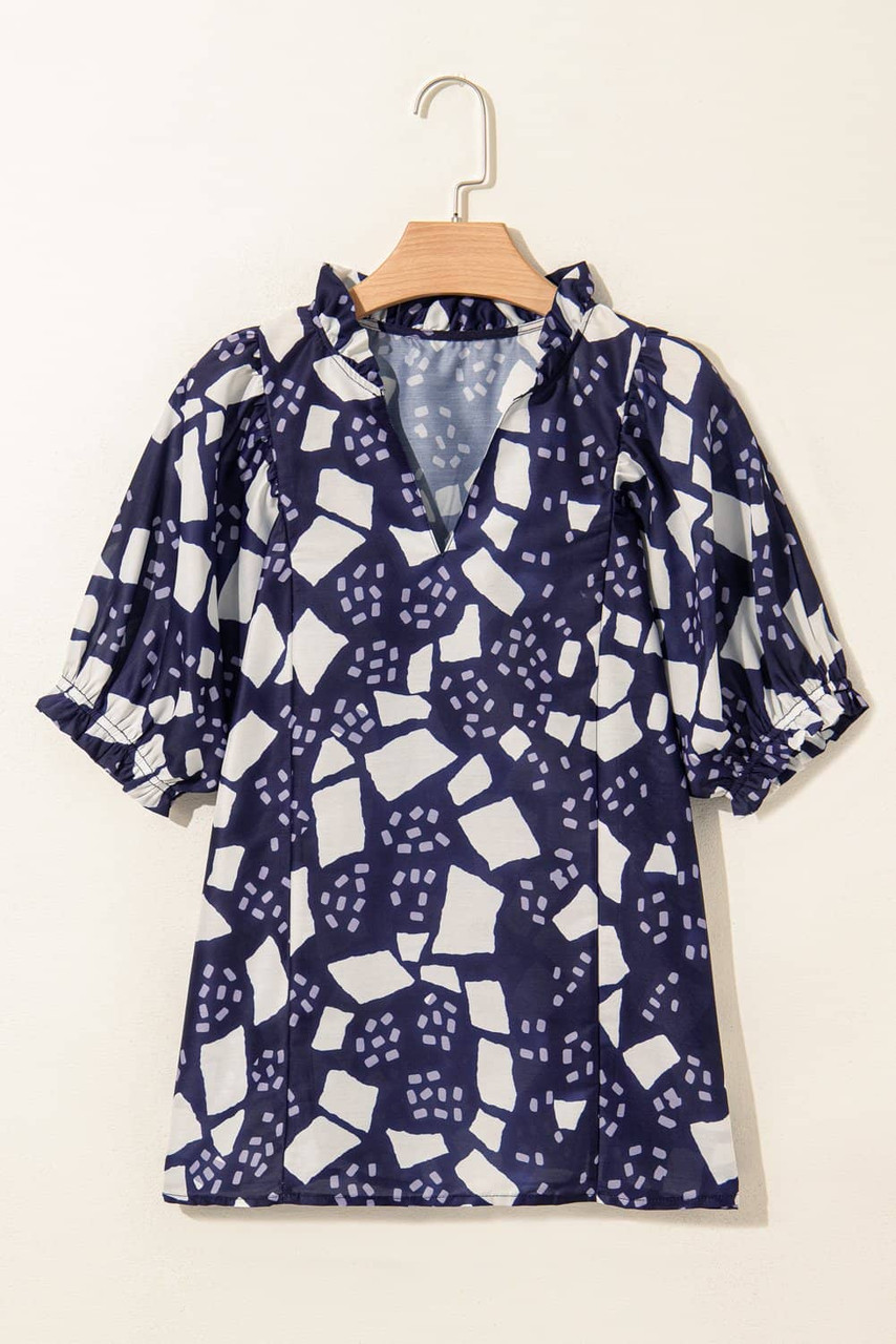Blue Abstract Print Frilled Puff Sleeve V Neck Blouse