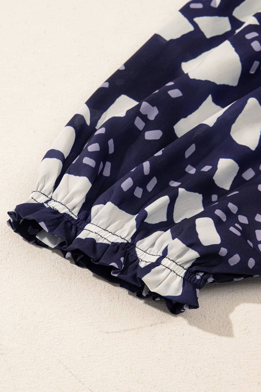 Blue Abstract Print Frilled Puff Sleeve V Neck Blouse