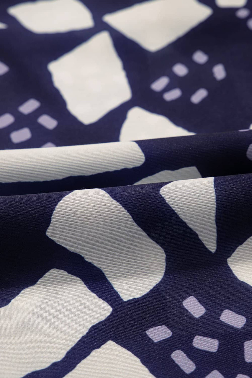 Blue Abstract Print Frilled Puff Sleeve V Neck Blouse