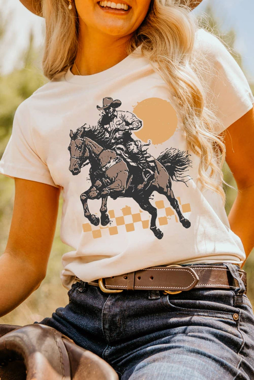 White Sunset Cowboy Print Western Fashion T Shirt
