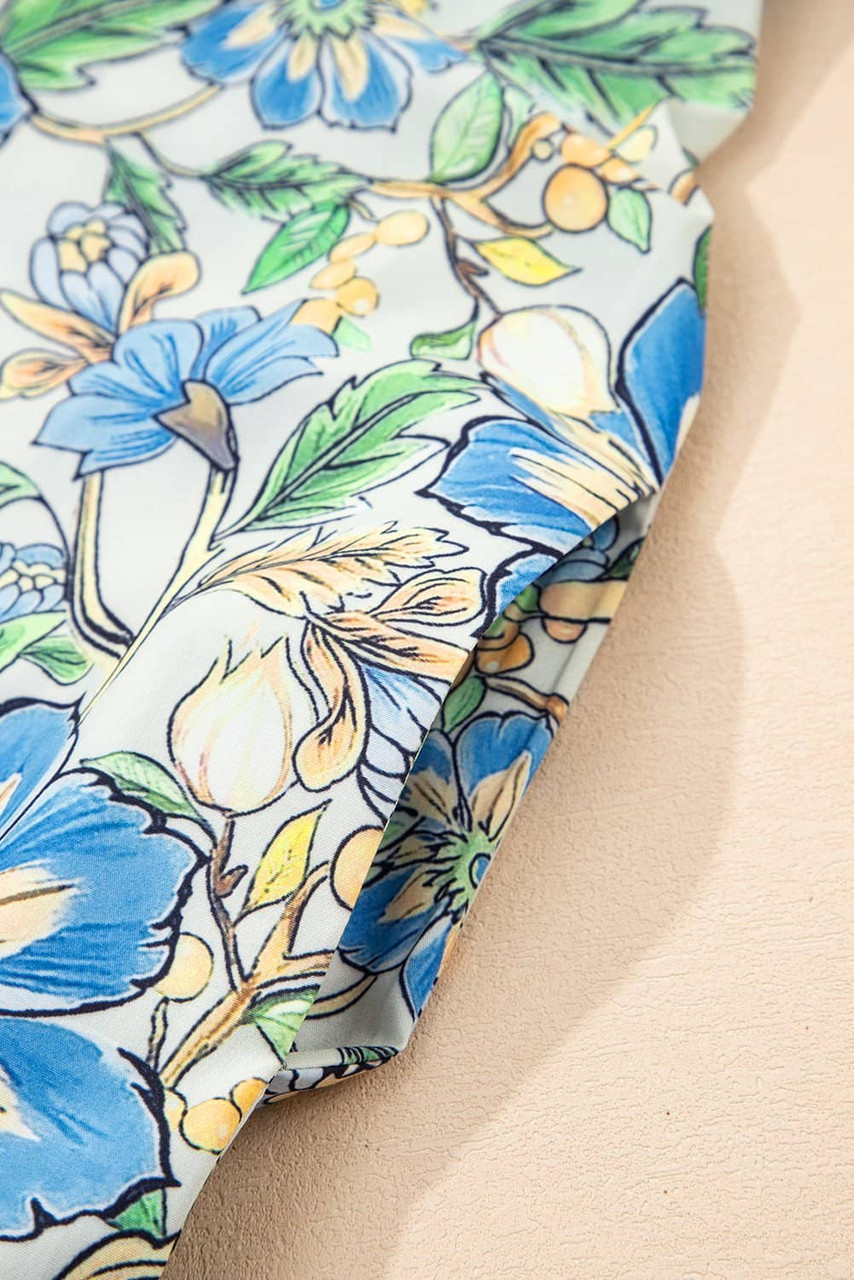 Spinach Green Botanical Floral Print Pleated Ruffle Detail Short Dress