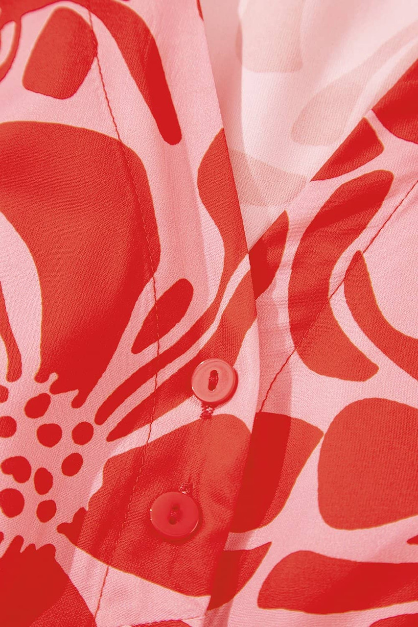 Red Boho Floral Short Sleeve V Neck Buttoned Shirred Waist Long Dress