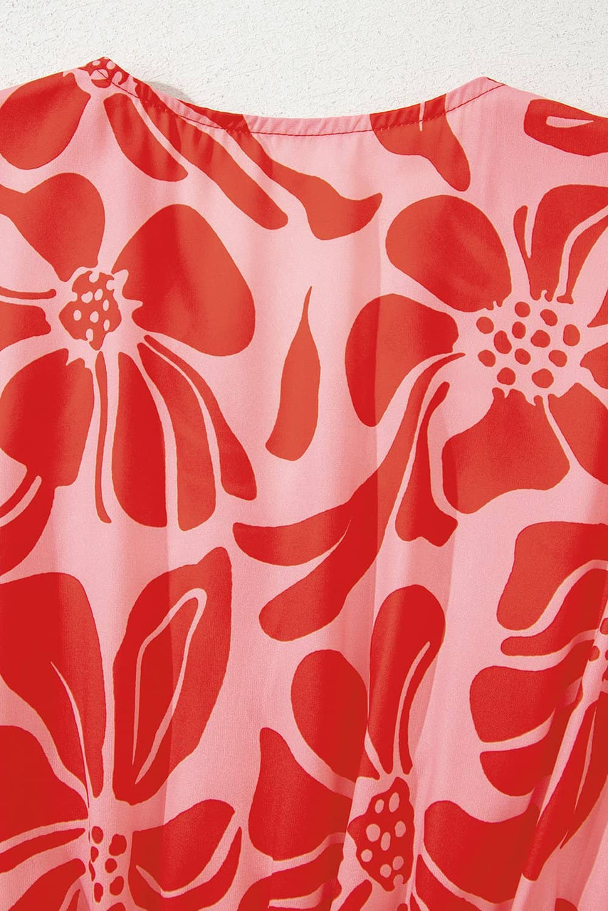 Red Boho Floral Short Sleeve V Neck Buttoned Shirred Waist Long Dress