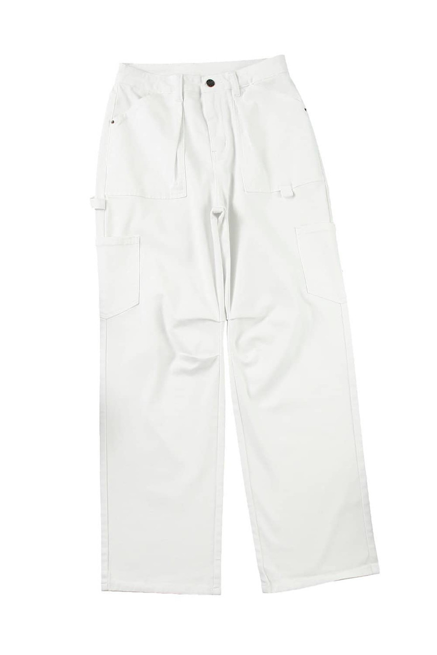 White High Waist Straight Leg Cargo Pants with Pockets