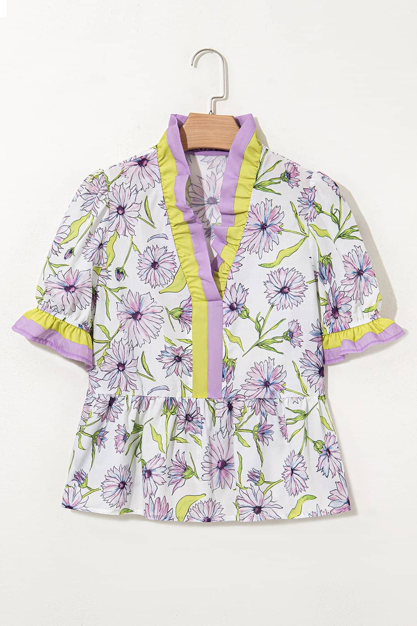 Purple Floral Print Striped Detail Split Neck Flounce Short Sleeve Peplum Blouse Purple Floral Print Striped Detail Split Neck Flounce Short Sleeve Peplum Blouse