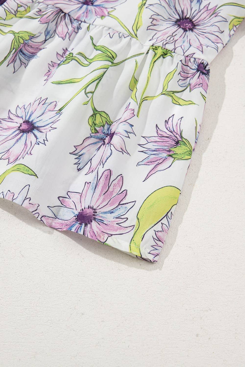 Purple Floral Print Striped Detail Split Neck Flounce Short Sleeve Peplum Blouse Purple Floral Print Striped Detail Split Neck Flounce Short Sleeve Peplum Blouse
