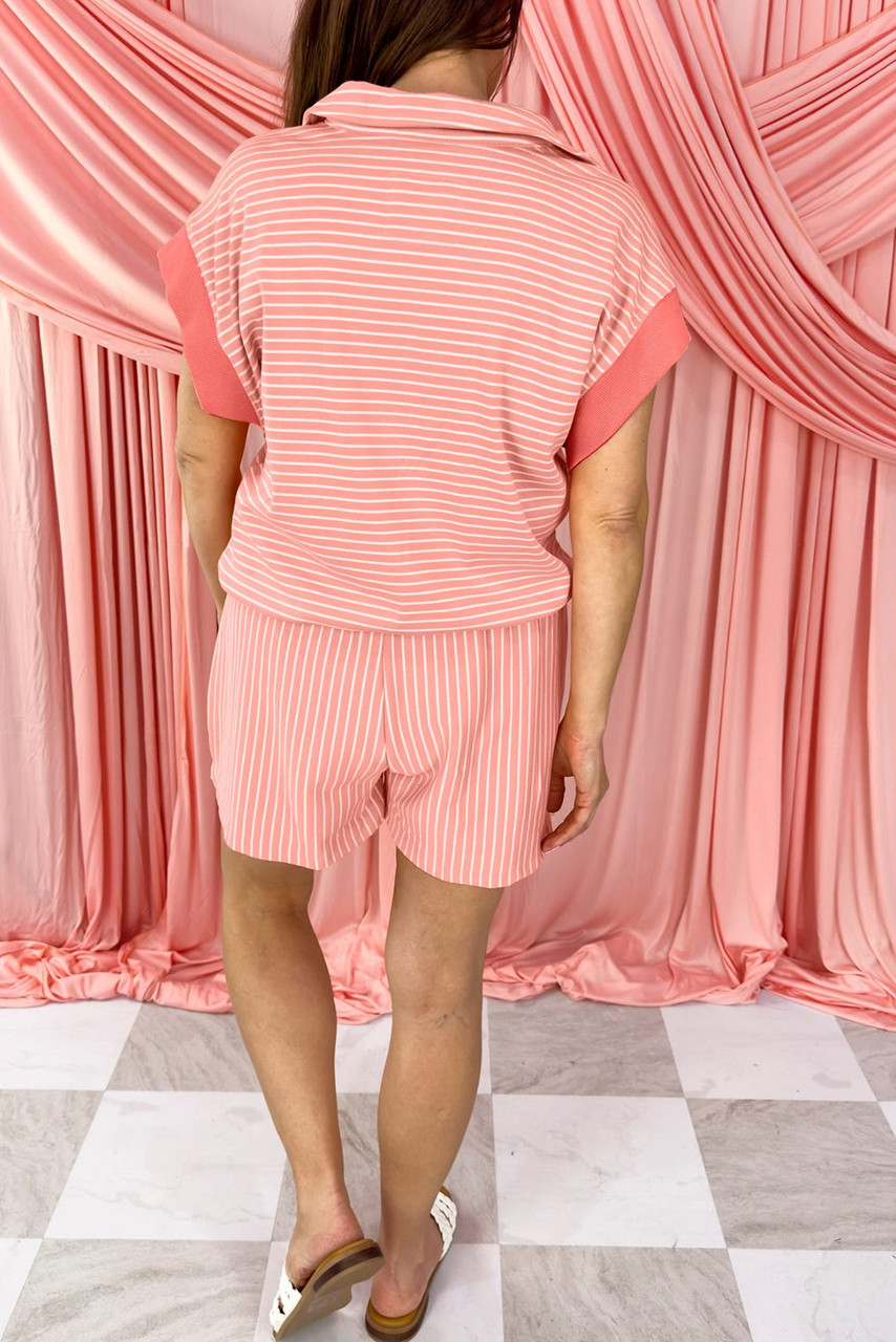 Orange Stripe Loose Polo T Shirt and Shorts Plus Size 2pcs Outfit