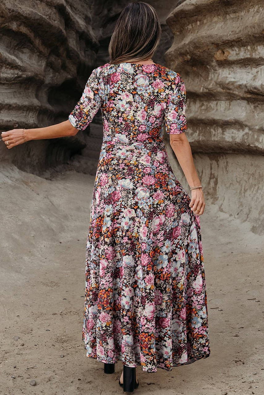 Brown Mesh Leopard Floral Reversible V Neck Short Sleeve Dress