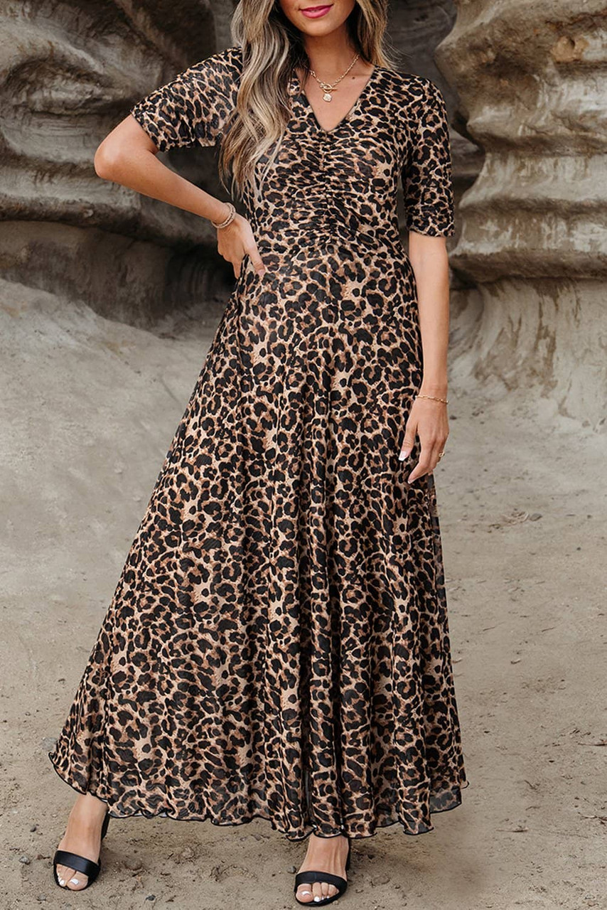 Brown Mesh Leopard Floral Reversible V Neck Short Sleeve Dress