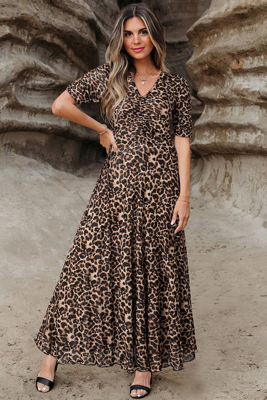Brown Mesh Leopard Floral Reversible V Neck Short Sleeve Dress