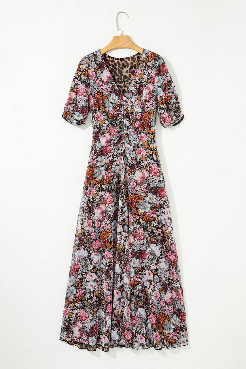 Brown Mesh Leopard Floral Reversible V Neck Short Sleeve Dress