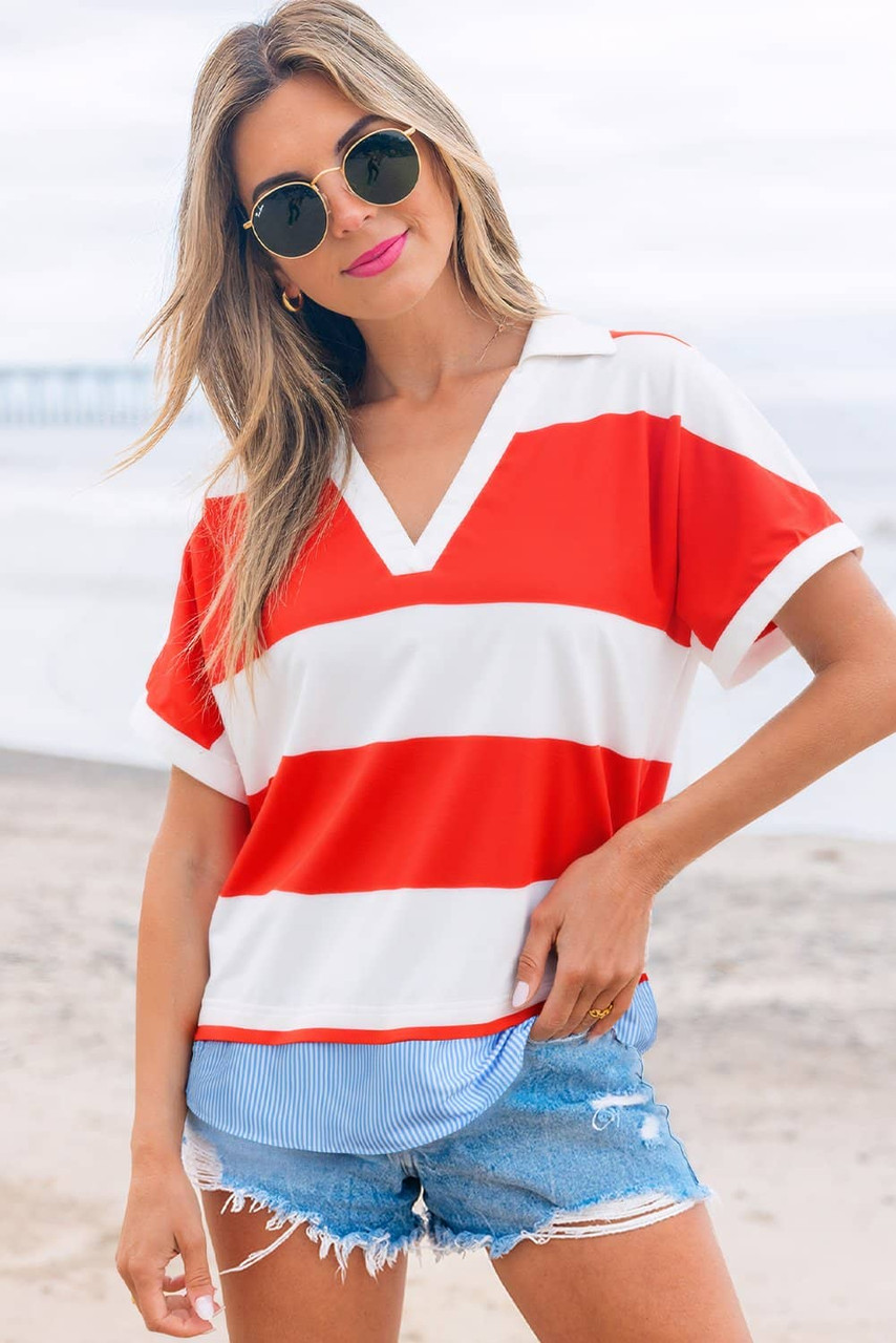 Red Stripe Collar V Neck Cuffed Dolman Short Sleeve Top Red Stripe Collar V Neck Cuffed Dolman Short Sleeve Top